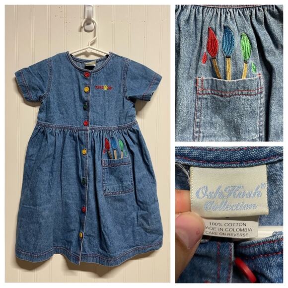 [Oshkosh Collection] Blue Denim Button Down Dress Paint Brushes Pockets Girls 5 - Picture 1 of 7